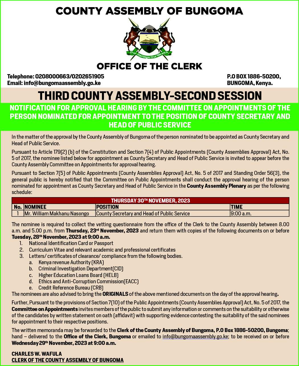 ADVERT - POSITION OF COUNTY SECRETARY AND  HEAD OF PUBLIC SERVICE