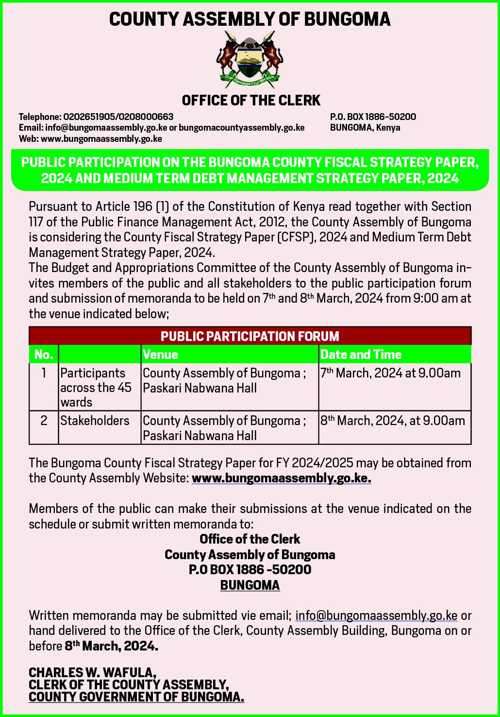 PUBLIC PARTICIPATION ON THE BUNGOMA COUNTY FISCAL STRATEGY PAPER, 2024 AND MEDIUM TERM DEBT MANAGEMENT STRATEGY PAPER, 2024