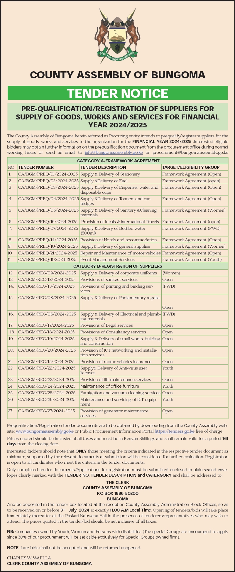 PRE-QUALIFICATION/REGISTRATION OF SUPPLIERS FOR SUPPLY OF GOODS, WORKS AND SERVICES FOR FINANCIAL YEAR 2024/2025