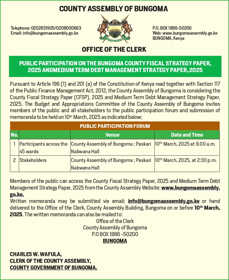 Public Participation on County Fiscal Strategy Paper, 2025 and Medium Term Debt Management Strategy Paper, 2025