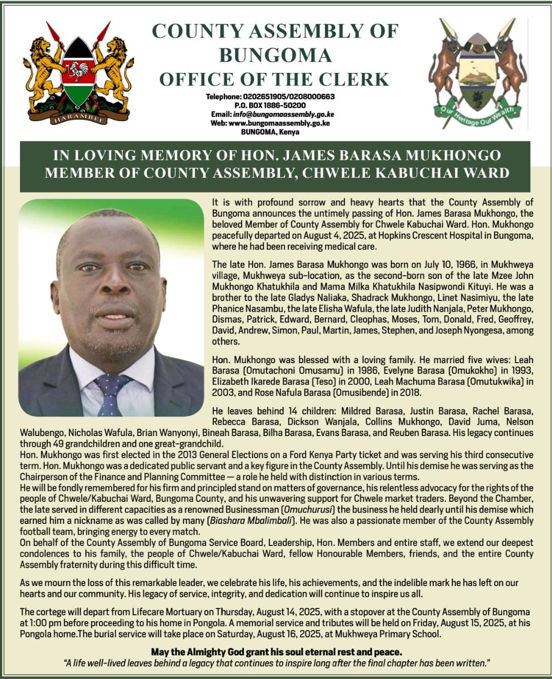 OBITUARY HON. JAMES BARASA MUKHONGO, MEMBER OF COUNTY ASSEMBLY, CHWELEKABUCHAI WARD