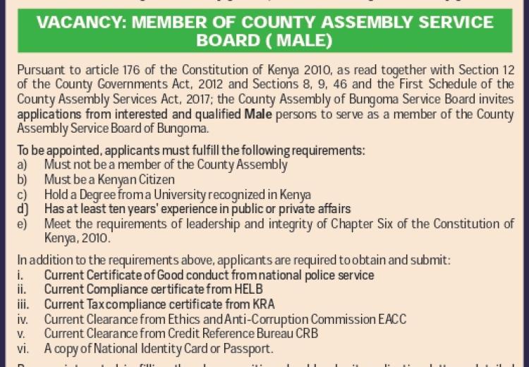 VACANCY: MEMBER OF COUNTY ASSEMBLY SERVICE BOARD ( MALE)