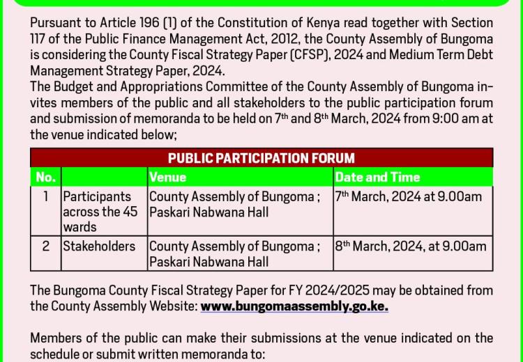 PUBLIC PARTICIPATION ON THE BUNGOMA COUNTY FISCAL STRATEGY PAPER, 2024 AND MEDIUM TERM DEBT MANAGEMENT STRATEGY PAPER, 2024