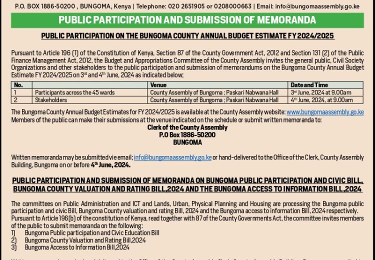 PUBLIC PARTICIPATION ON BUNGOMA ANNUAL BUDGET ESTIMATES 2024 2025AND BILLS