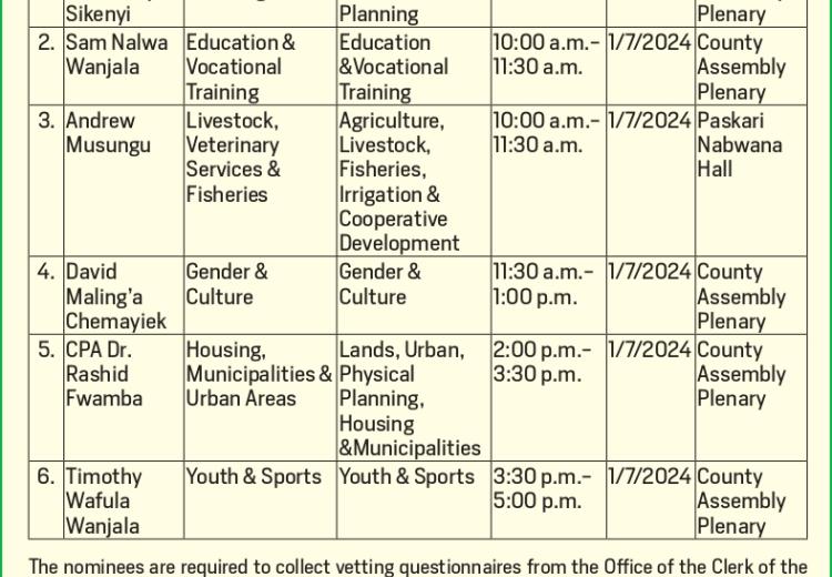 NOTICE OF APPROVAL HEARINGS BY COMMITTEES FOR NOMINEES TO THE POSITIONS OF CHIEF OFFICERS