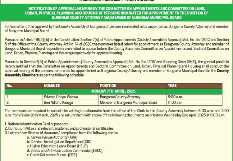 Advertisement for Approval Hearing of persons nominated to the positions of County Attorney and Member of Bungoma Municipal Board