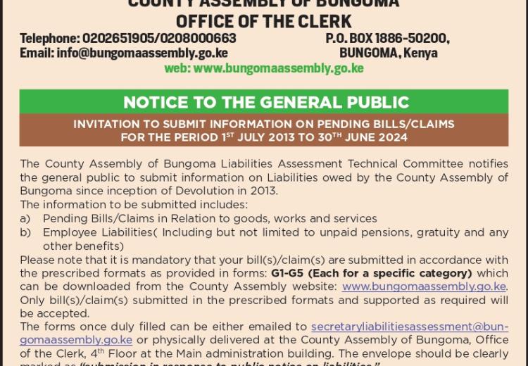 INVITATION TO SUBMIT INFORMATION ON PENDING BILLS,CLAIMS FROM 1ST JULY 2013 TO 30TH JUNE 2024