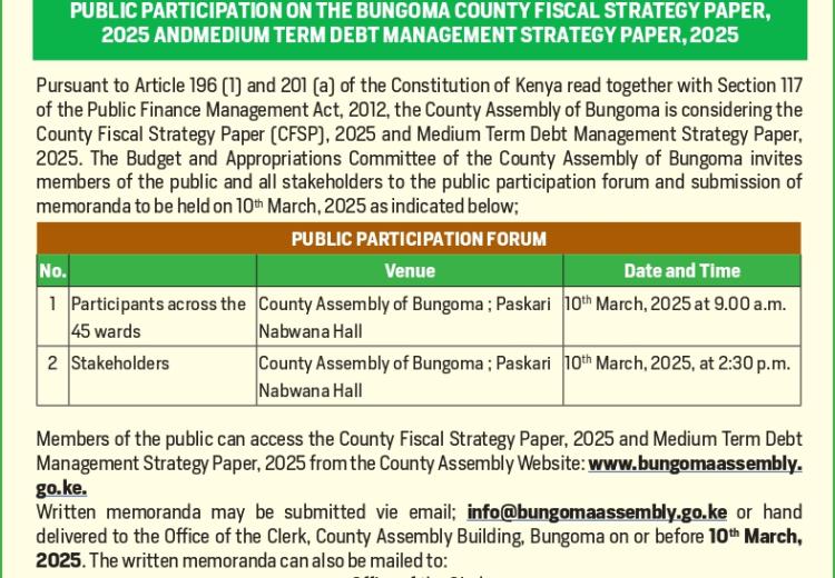 Public Participation on County Fiscal Strategy Paper, 2025 and Medium Term Debt Management Strategy Paper, 2025