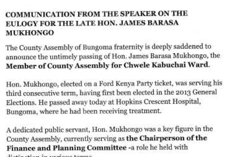EULOGY FOR THE LATE HON. JAMES BARASA MUKHONGO