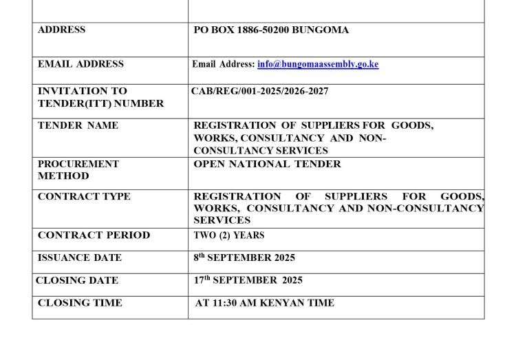 TENDER NO.: CAB/REG/001-2025/2026-2027