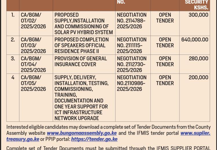 PROPOSED SUPPLY,INSTALLATION AND COMMISSIONING OF SOLAR PV HYBRID SYSTEM; PROPOSED COMPLETION OF SPEAKERS OFFICIAL RESIDENCE PHASE II; PROVISION OF GENERAL INSURANCE COVER; SUPPLY, DELIVERY, INSTALLATION, TESTING, COMMISSIONING, TRAINING, 